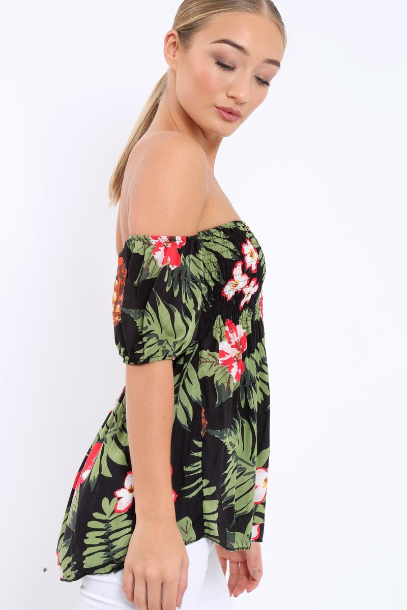 Black Floral Bardot Top with Shirred Bust - Dorris-Tops