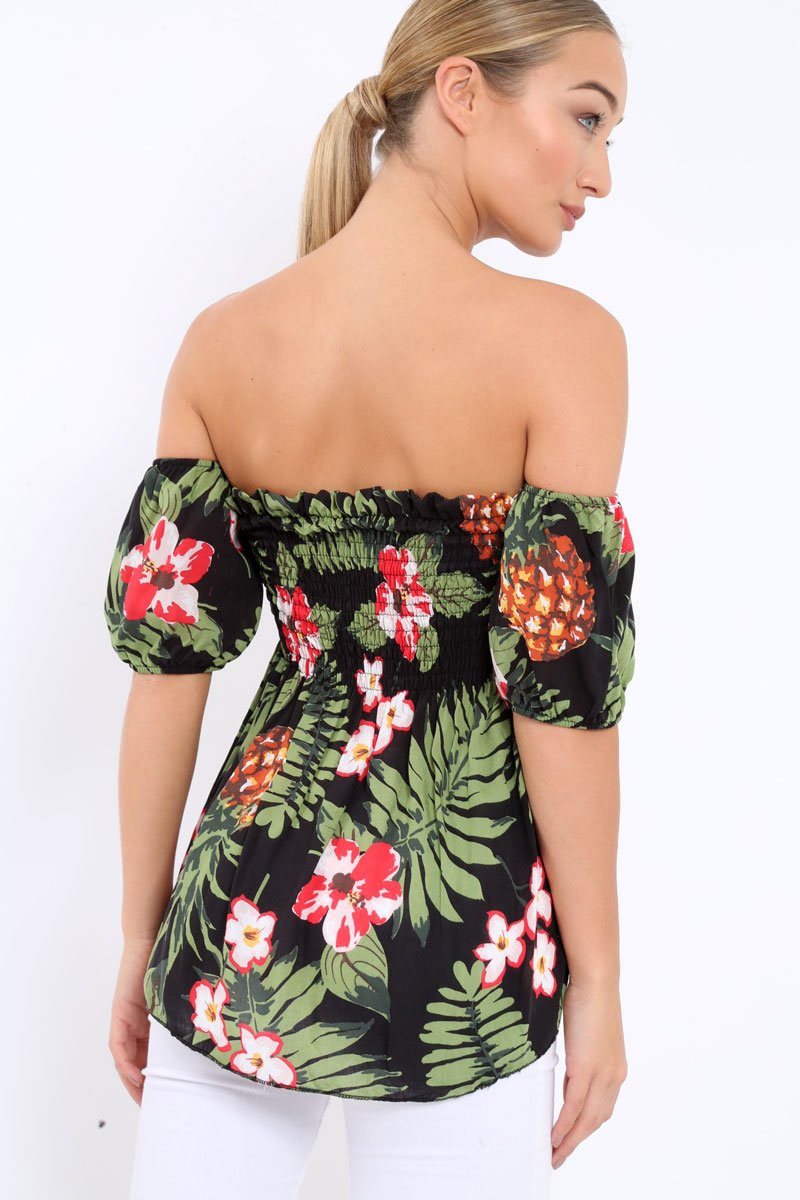 Black Floral Bardot Top with Shirred Bust Dorris Rebellious