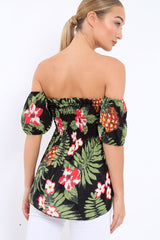 Black Floral Bardot Top with Shirred Bust - Dorris-Tops