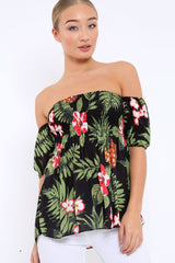 Black Floral Bardot Top with Shirred Bust - Dorris-Tops