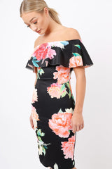 Black Floral Bardot dress - Martina-Dresses