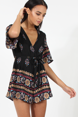 Black Floral Border Print Playsuit - Shauna-Playsuits