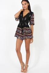 Black Floral Border Print Playsuit - Shauna-Playsuits