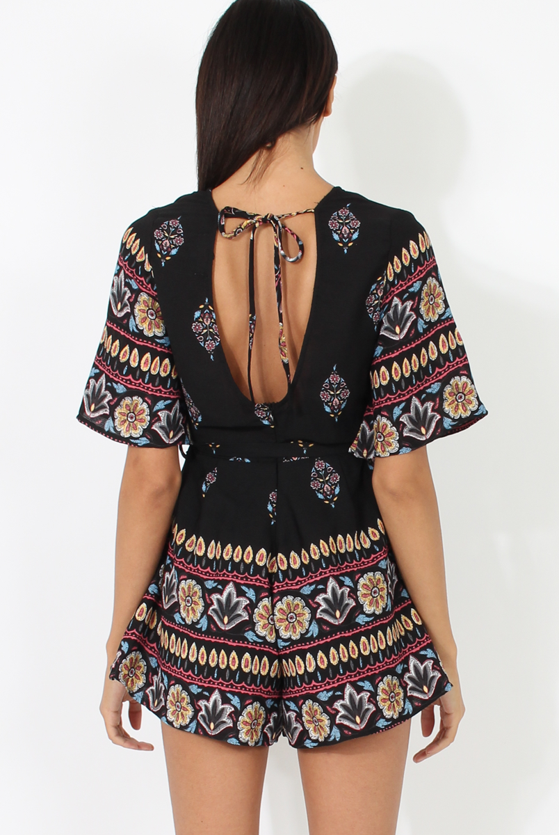 Black Floral Border Print Playsuit - Shauna-Playsuits