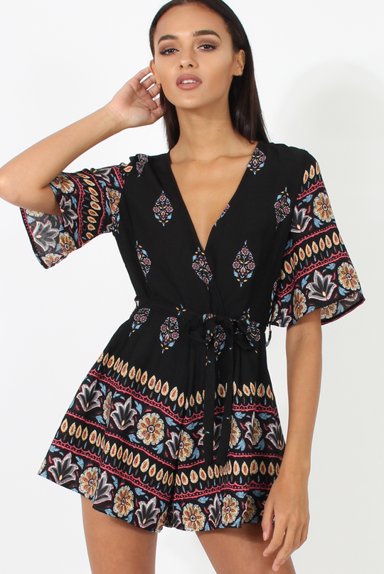 Black Floral Border Print Playsuit - Shauna