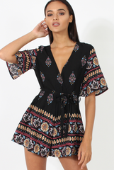 Black Floral Border Print Playsuit - Shauna-Playsuits