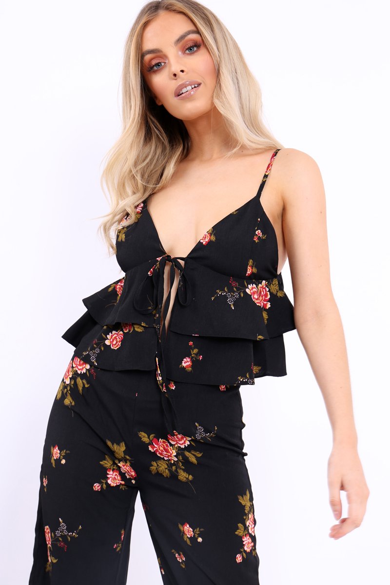 Black Floral Bralet and Cropped Pants Co-ord - Faria-Co-ords