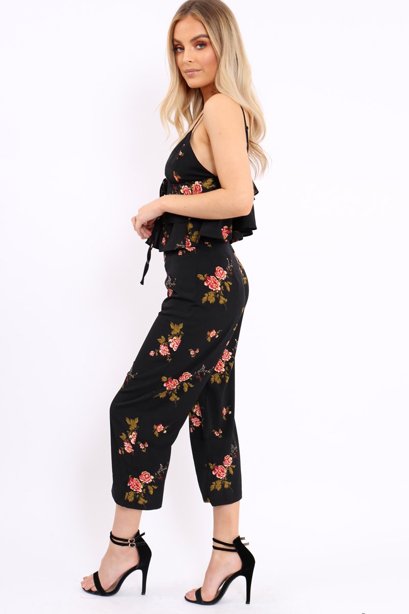 Black Floral Bralet and Cropped Pants Co-ord - Faria-Co-ords
