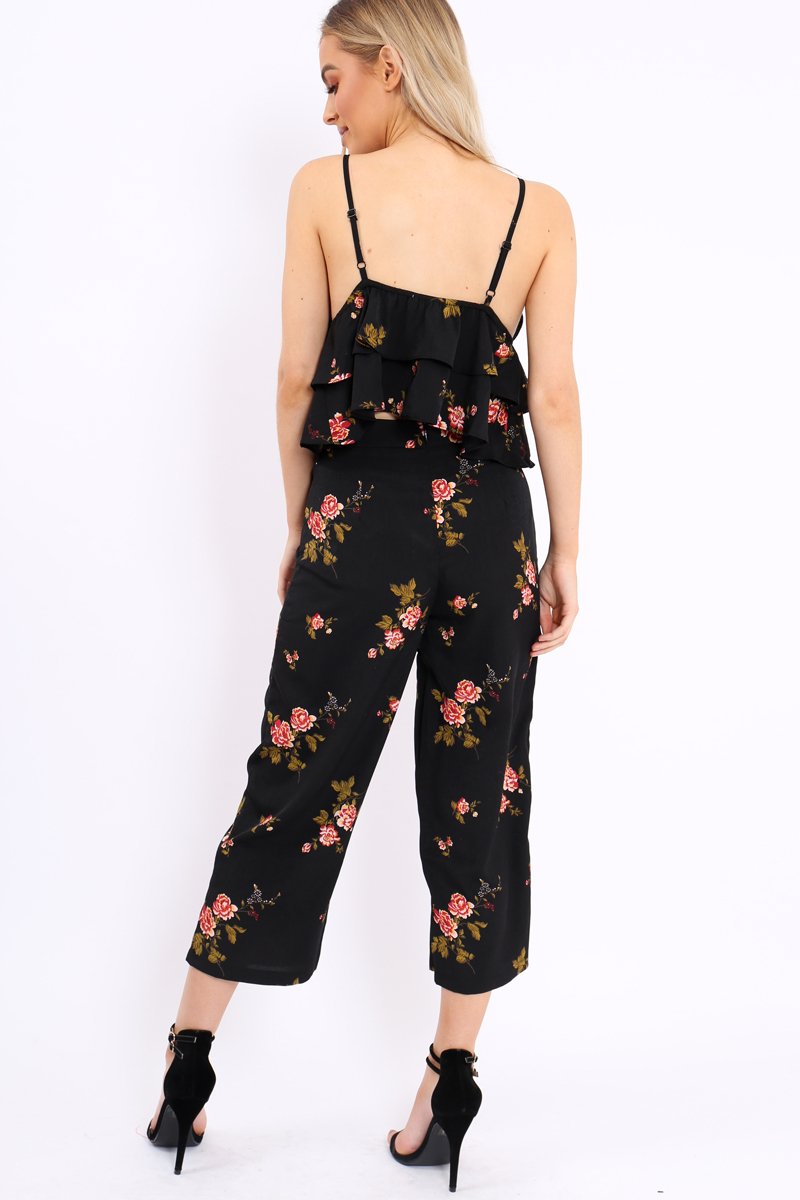Black Floral Bralet and Cropped Pants Co-ord - Faria-Co-ords