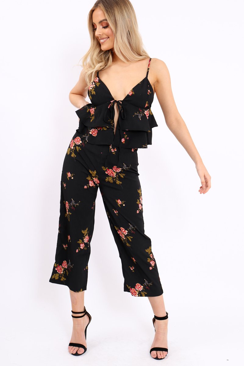 Black Floral Bralet and Cropped Pants Co-ord - Faria-Co-ords