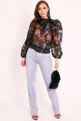 Black Floral Burn Out Mesh Blouse - Tessie-Blouse
