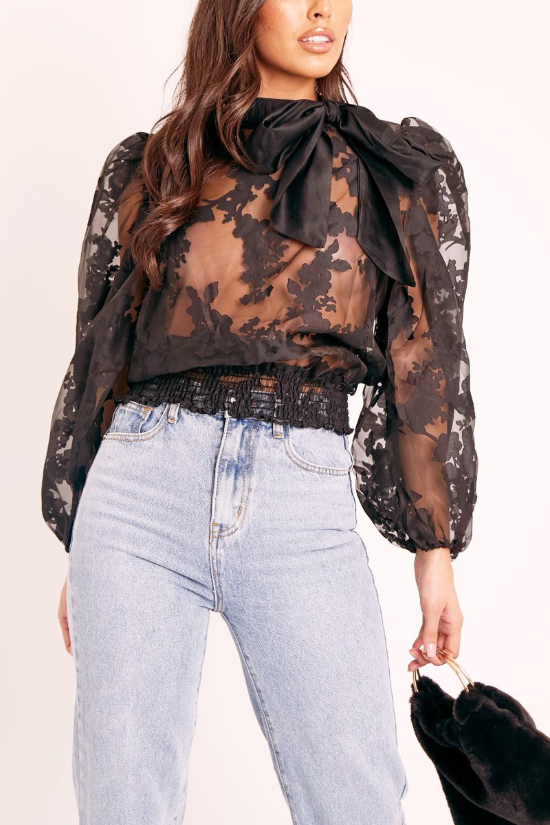 Black Floral Burn Out Mesh Blouse - Tessie-Blouse