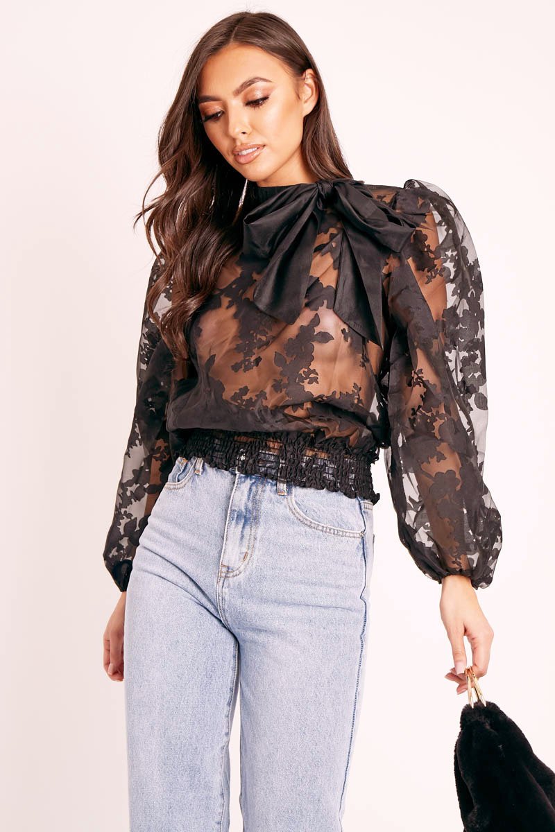 Black Floral Burn Out Mesh Blouse - Tessie-Blouse