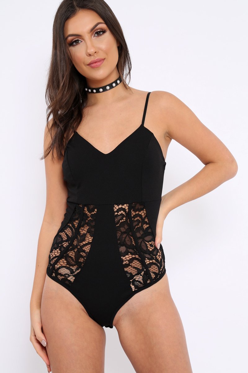 Black Floral Cut Out Bodysuit - Tracy-Bodysuits