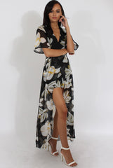 Black Floral Dip Hem Playsuit - Caprice-Playsuits