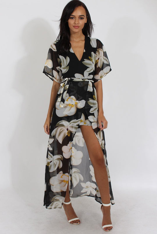 Black Floral Dip Hem Playsuit - Caprice