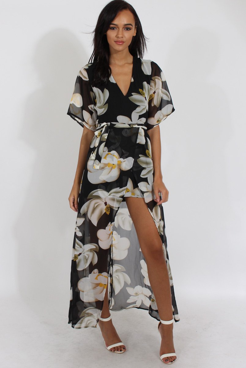 Black Floral Dip Hem Playsuit - Caprice-Playsuits