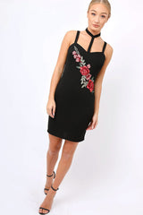 Black Floral Embroidered Choker Dress - Fawn-Dresses