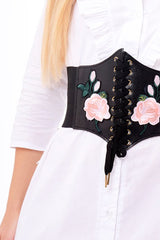 Black Floral Embroidered Corset Belt - Kaysha-Corset Belts