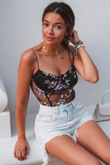 Black Floral Embroidered Corset Bodysuit - Ysabella-Bodysuits