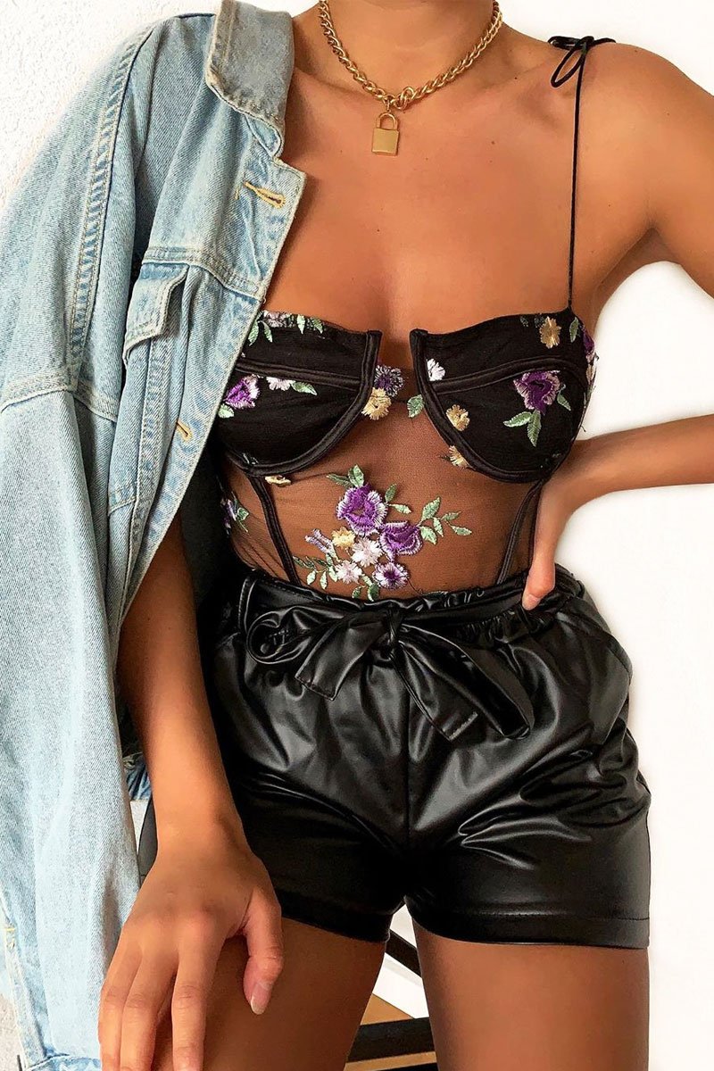 Black Floral Embroidered Corset Bodysuit - Ysabella-Bodysuits