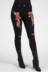 Black Floral Embroidered Ripped Skinny Jeans - Ariel-Jeans