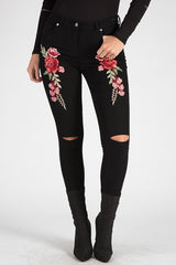Black Floral Embroidered Ripped Skinny Jeans - Ariel-Jeans
