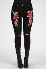 Black Floral Embroidered Ripped Skinny Jeans - Ariel-Jeans