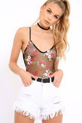 Black Floral Embroidered Sheer Mesh Bodysuit - Trina-Bodysuits