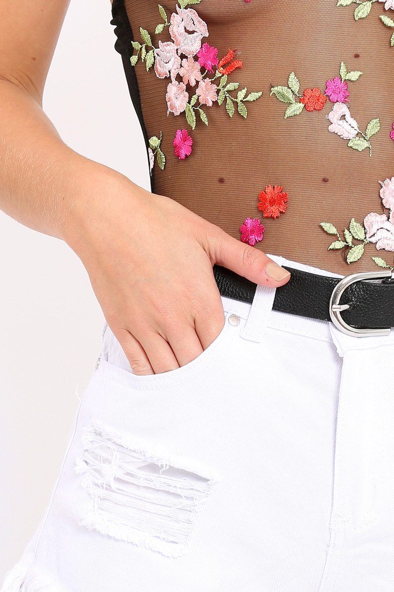 Black Floral Embroidered Sheer Mesh Bodysuit - Trina-Bodysuits