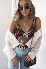 Black Floral Embroidered Sheer Mesh Bodysuit - Trina-Bodysuits