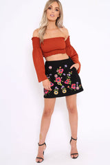 Black Floral Embroidered Skirt - Lexie-Skirts