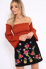 Black Floral Embroidered Skirt - Lexie-Skirts