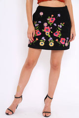 Black Floral Embroidered Skirt - Lexie-Skirts