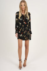 Black Floral Flared Sleeve Dress - Aisha-Dresses