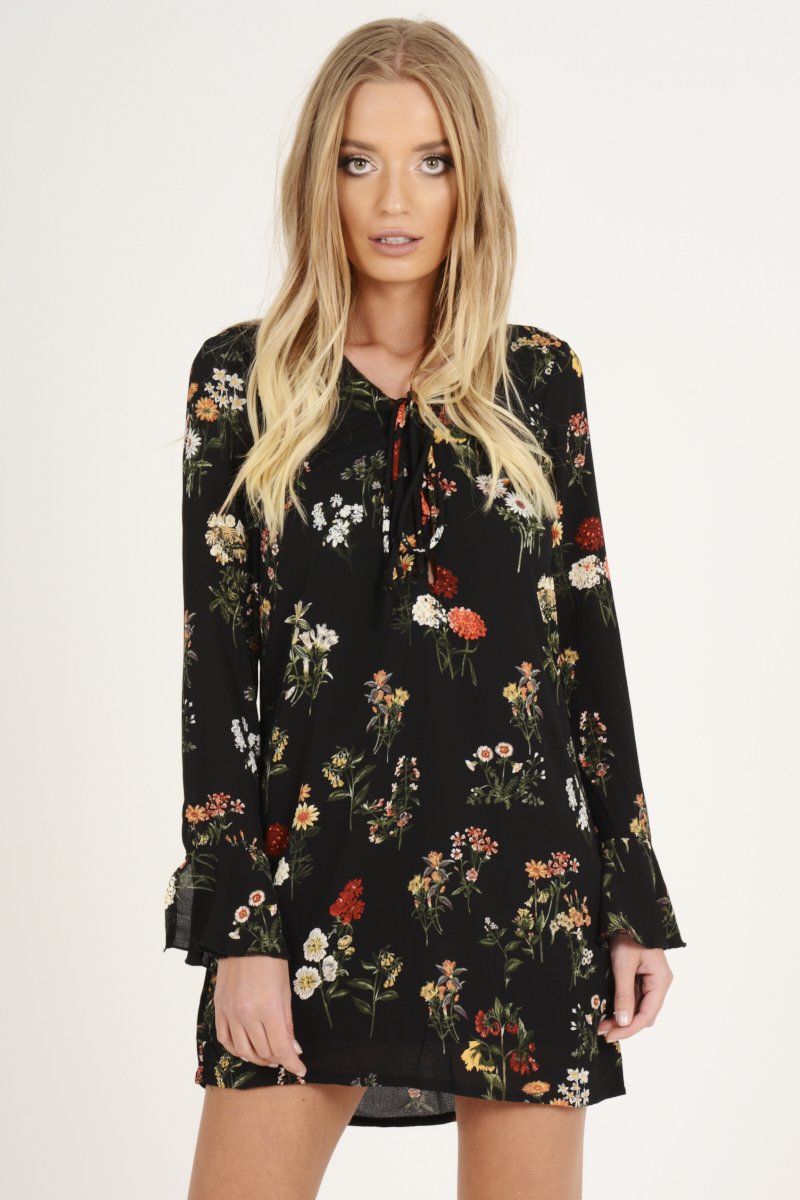 Black Floral Flared Sleeve Dress - Aisha-Dresses