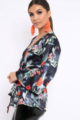 Black Floral Flared Sleeve Kimono - Shifa-Tops