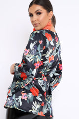 Black Floral Flared Sleeve Kimono - Shifa-Tops