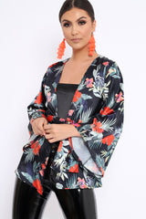 Black Floral Flared Sleeve Kimono - Shifa-Tops