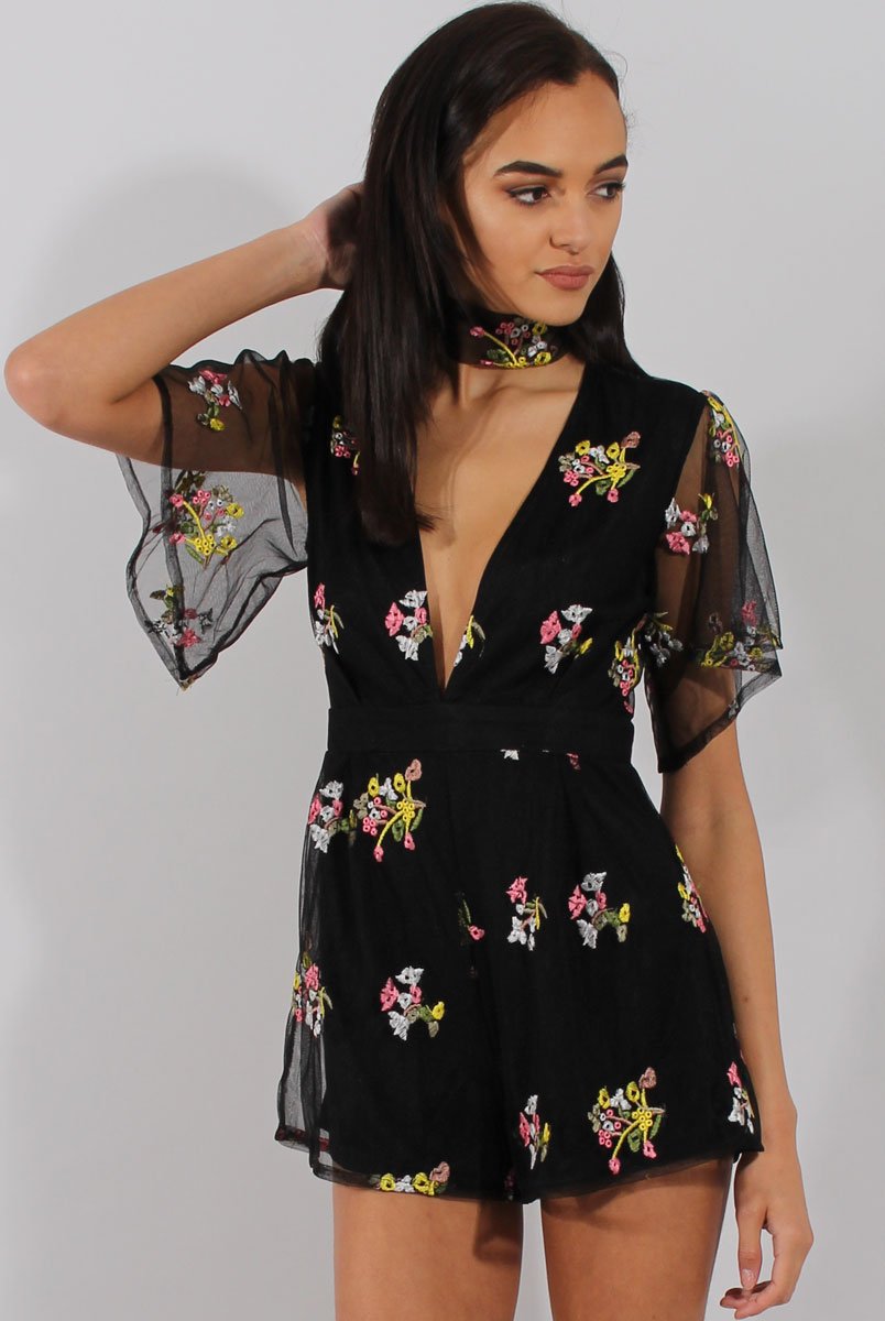Black Floral Flared Sleeve Mesh Embroidered Plunge Playsuit - Lita-Playsuits