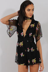 Black Floral Flared Sleeve Mesh Embroidered Plunge Playsuit - Lita-Playsuits