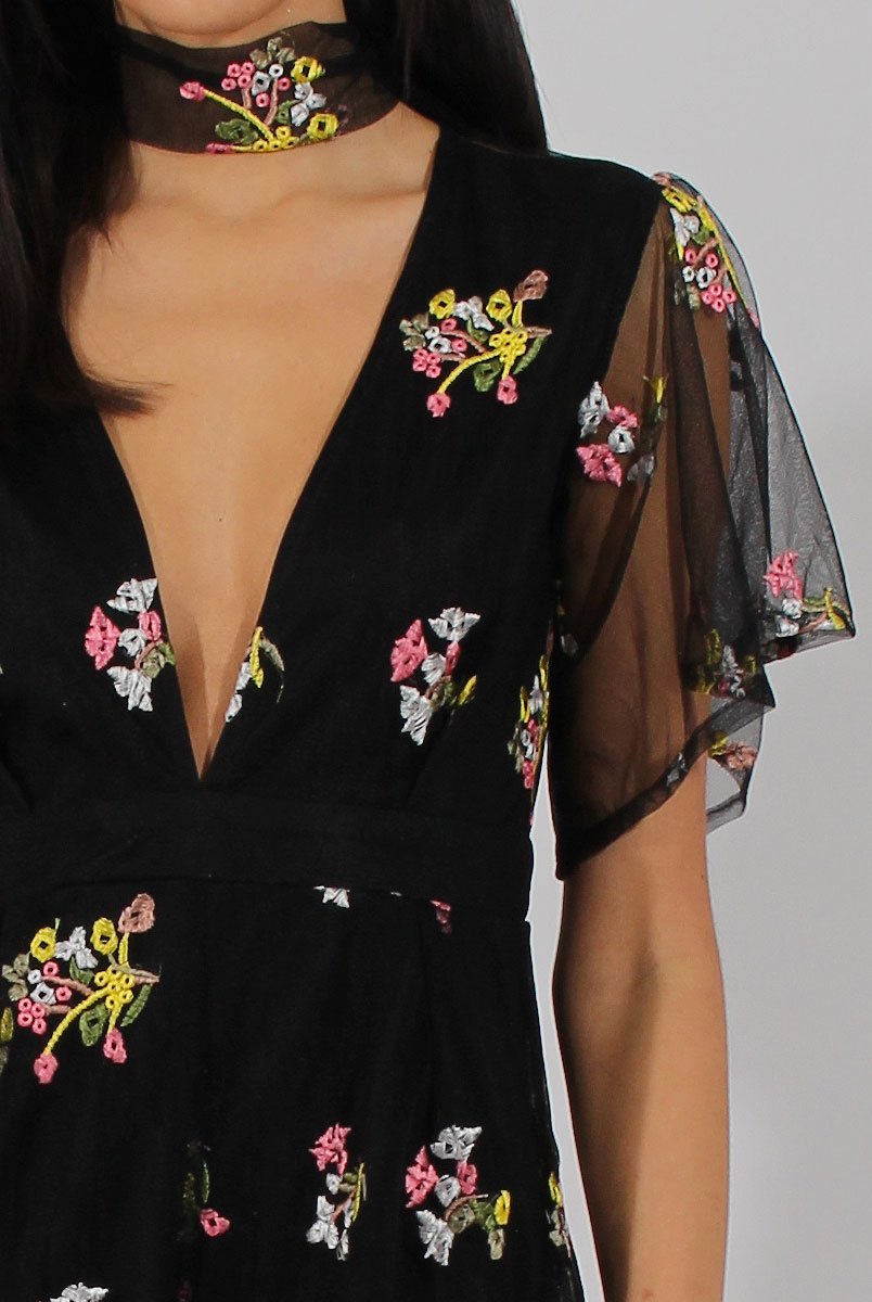Black Floral Flared Sleeve Mesh Embroidered Plunge Playsuit - Lita-Playsuits