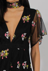 Black Floral Flared Sleeve Mesh Embroidered Plunge Playsuit - Lita-Playsuits