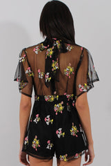 Black Floral Flared Sleeve Mesh Embroidered Plunge Playsuit - Lita-Playsuits
