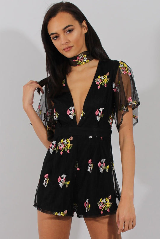 Black Floral Flared Sleeve Mesh Embroidered Plunge Playsuit - Lita