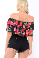 Black Floral Frill Bardot Top - Jemma-Tops