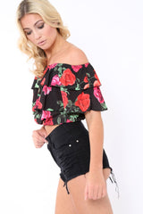 Black Floral Frill Bardot Top - Jemma-Tops