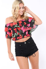 Black Floral Frill Bardot Top - Jemma-Tops
