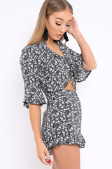Black Floral Frill Front Cut Out Playsuit - Joanne-Playsuits