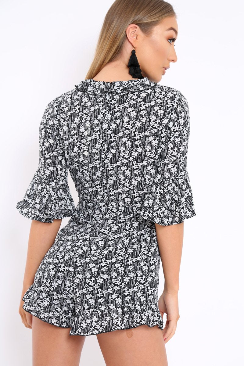 Black Floral Frill Front Cut Out Playsuit - Joanne-Playsuits